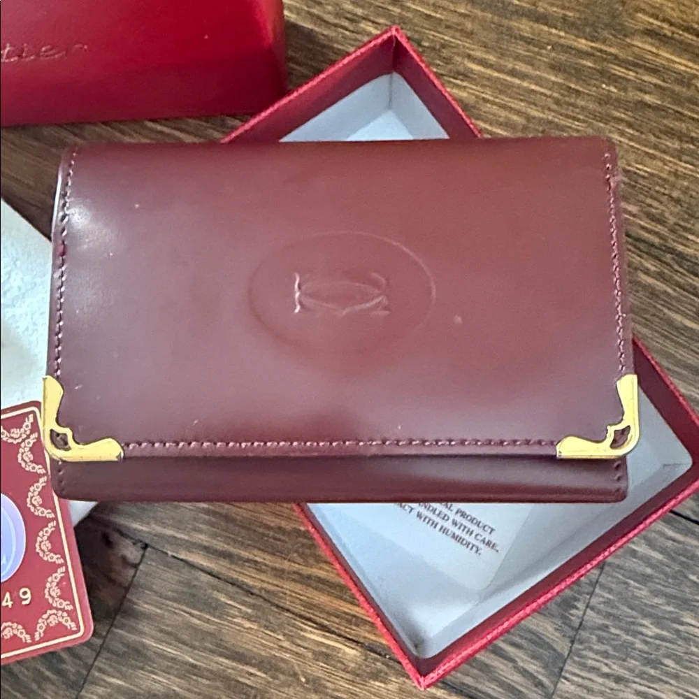 Cartier Burgundy Leather Key Card Holder with Gold plated corners w/ box
